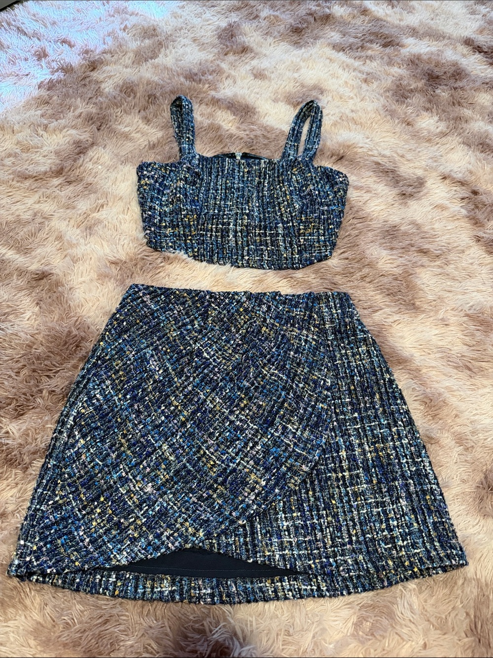 Lulu's Navy Multicolor Tweed Two-Piece Crop Top & Skirt Set